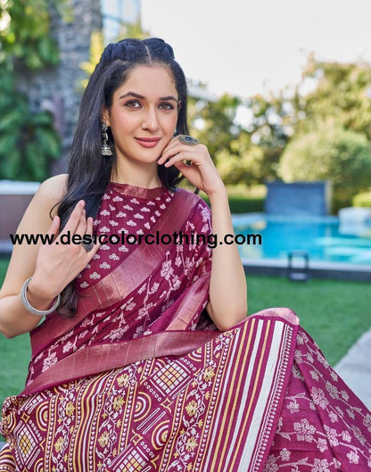 Wine Silk Printed Saree