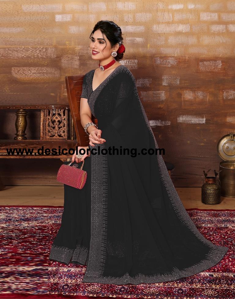 Black Plain Georgette Saree
