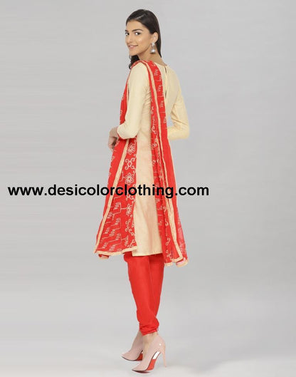 Beige Cotton Embroidered Printed Unstitched Salwar Suit