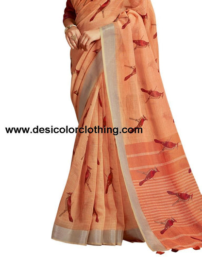 Peach Coloured Poly Cotton Printed Partywear saree