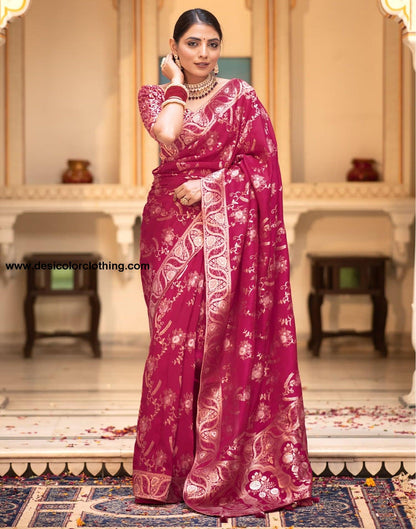 Dark Pink Silk Plain Saree