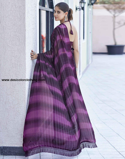 Wine Georgette Printed Leheriya Saree
