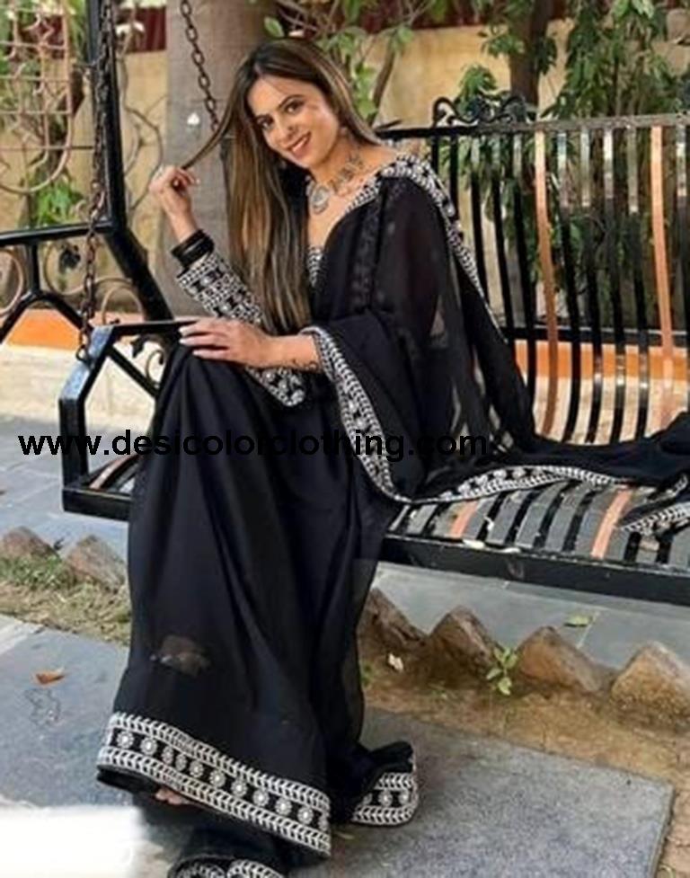 Black Georgette Plain Saree