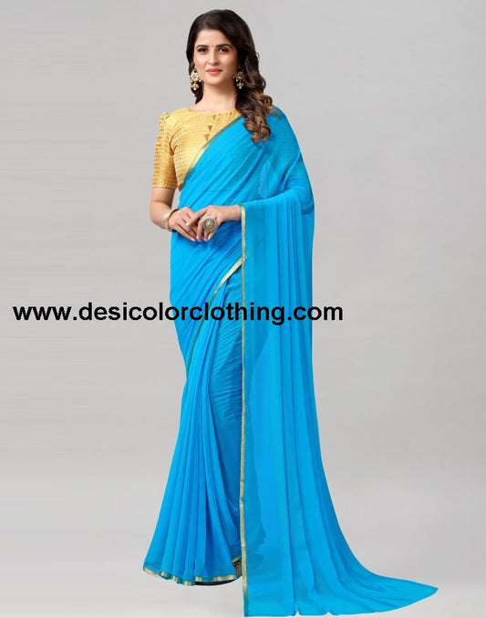Sky Blue Plain Chiffon Saree