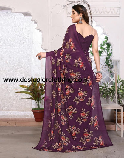 Wine Georgette Floral Printed Saree