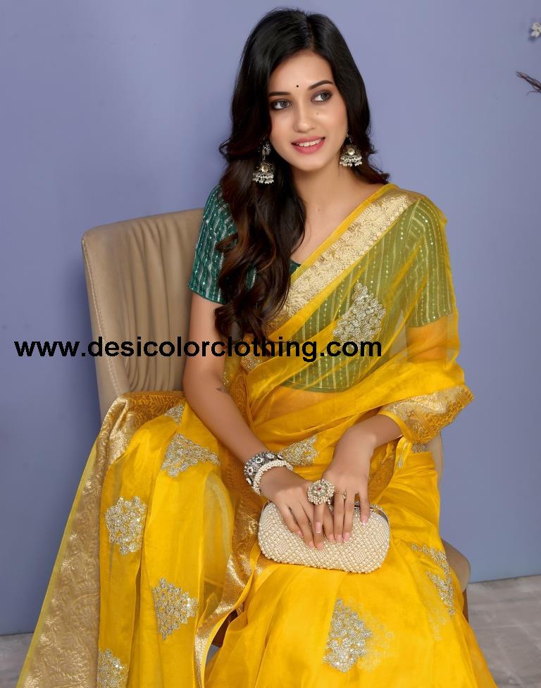Yellow Organza Embroidery Saree