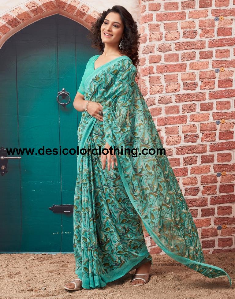 Turquoise  Georgette Printed Sarees