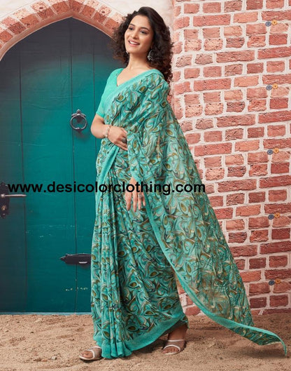 Turquoise  Georgette Printed Sarees