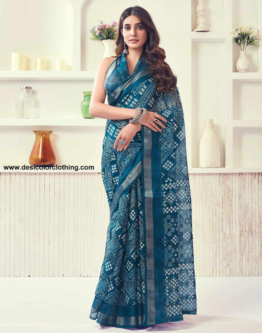 Blue Printed Cotton Bandhani Saree