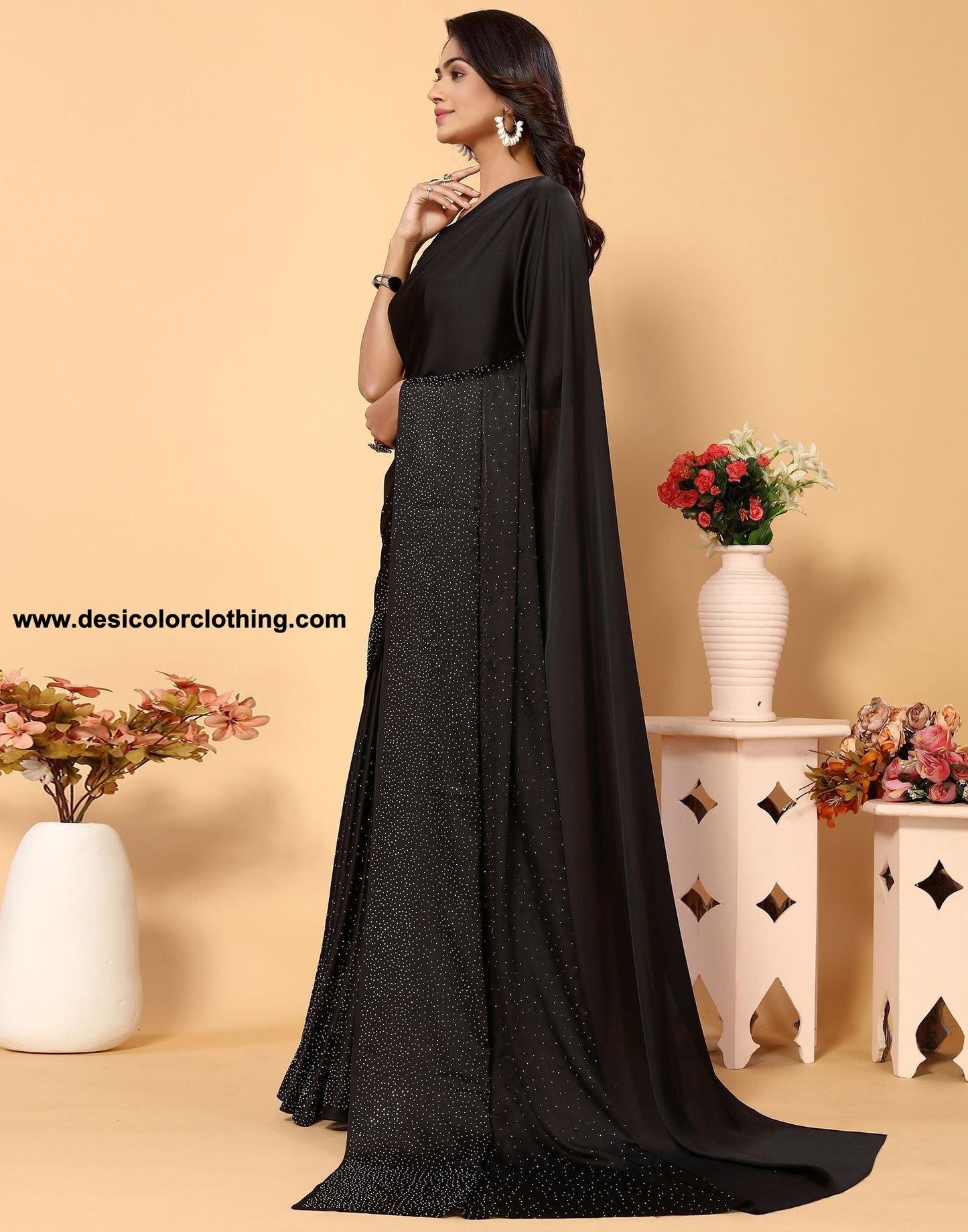 Black Silk Plain Hot Fixing Saree