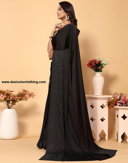 Black Silk Plain Hot Fixing Saree