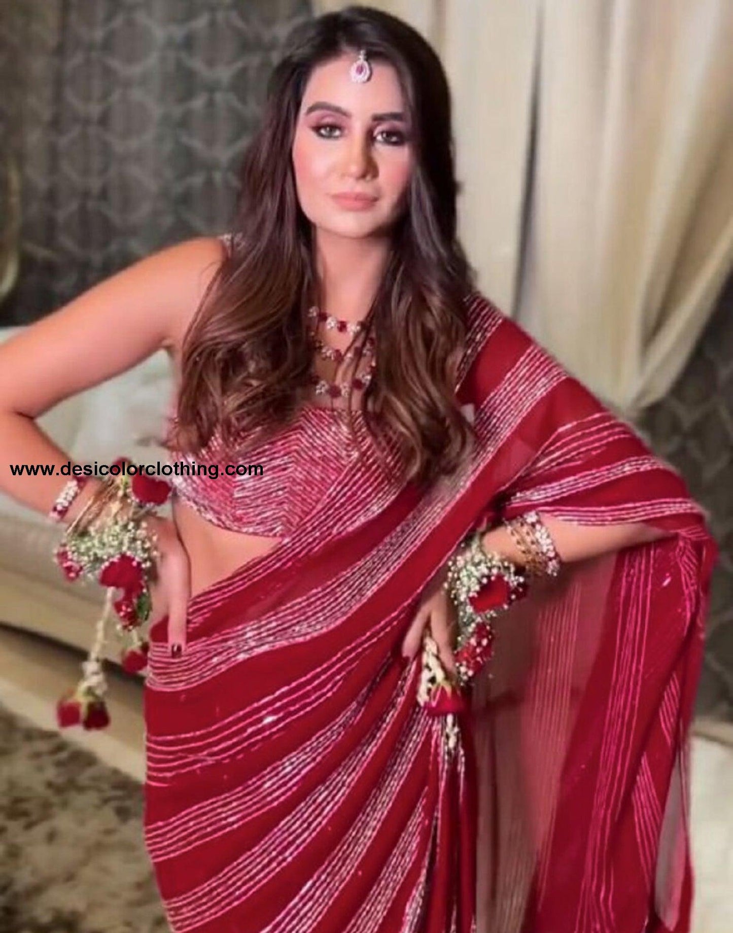 Red Georgette Plain Saree