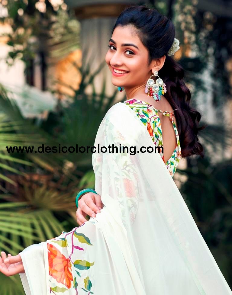 Cream Georgette Printed Saree