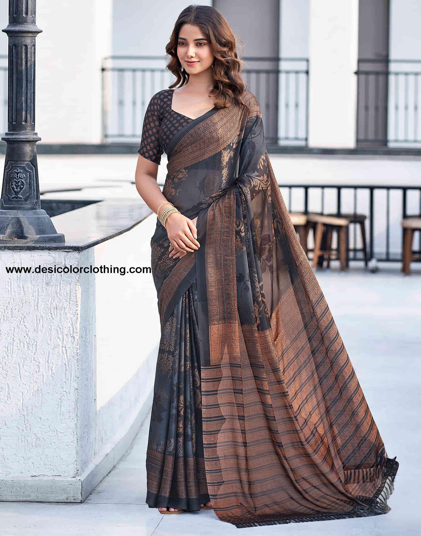 Steel Grey Georgette Printed Saree