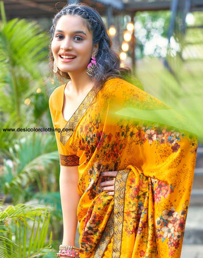 Turmeric Yellow Printed Silk Saree
