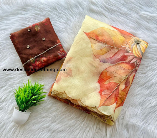 Semi Pure Organza Saree with Handcrafted Work and Printed Blouse