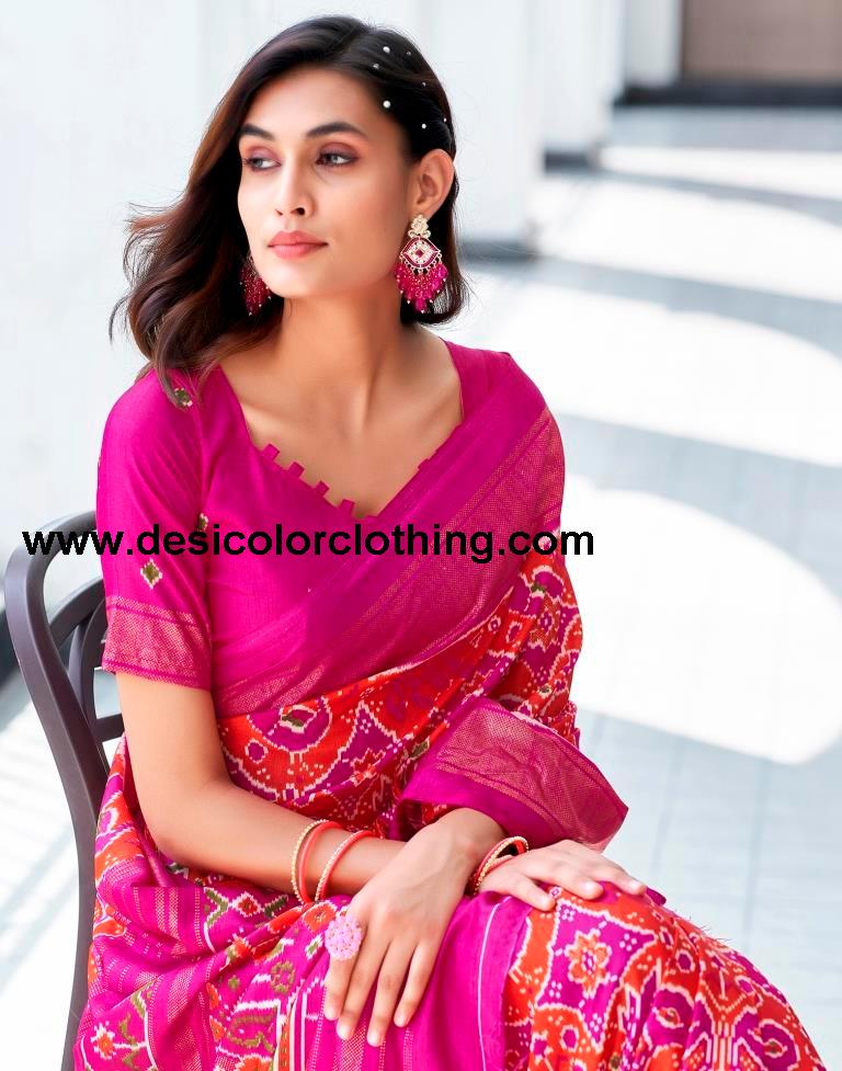 Rani Pink Silk Printed Saree