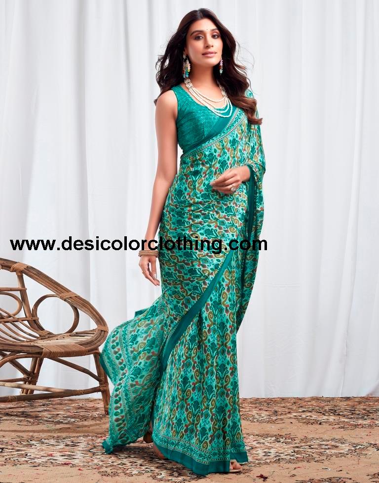 Teal Blue Silk Printed Sarees