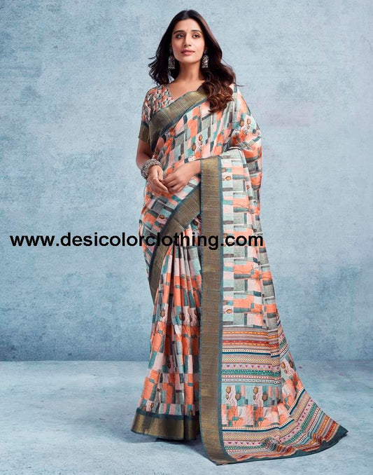 Cream Silk Printed  Saree