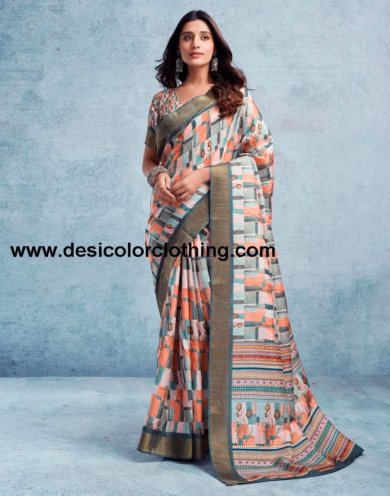 Cream Silk Printed  Saree
