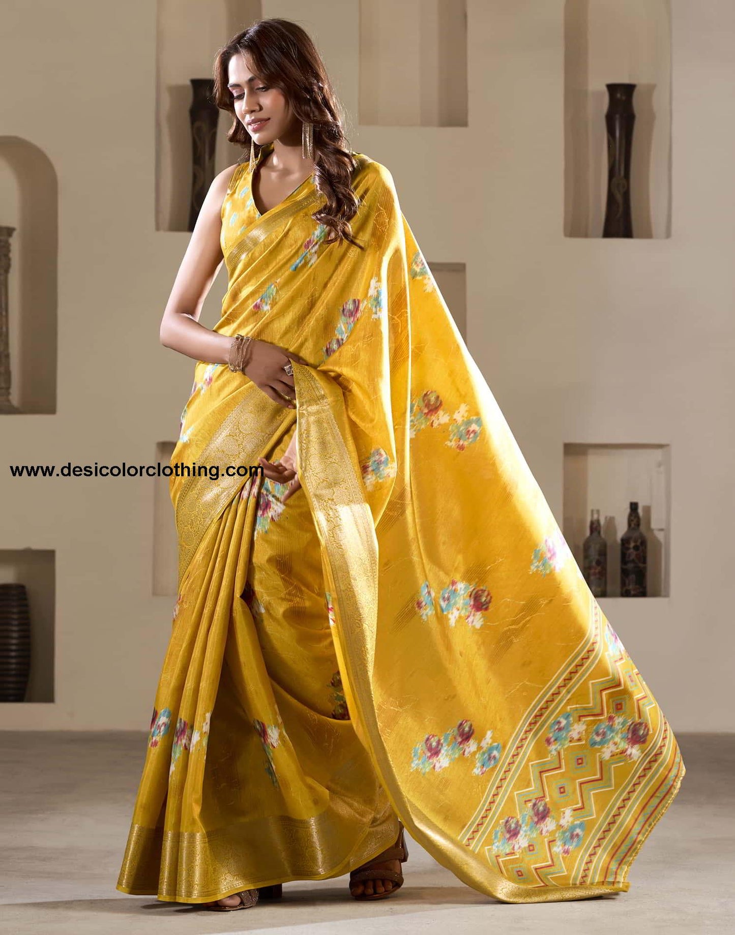 Yellow Silk Printed Saree