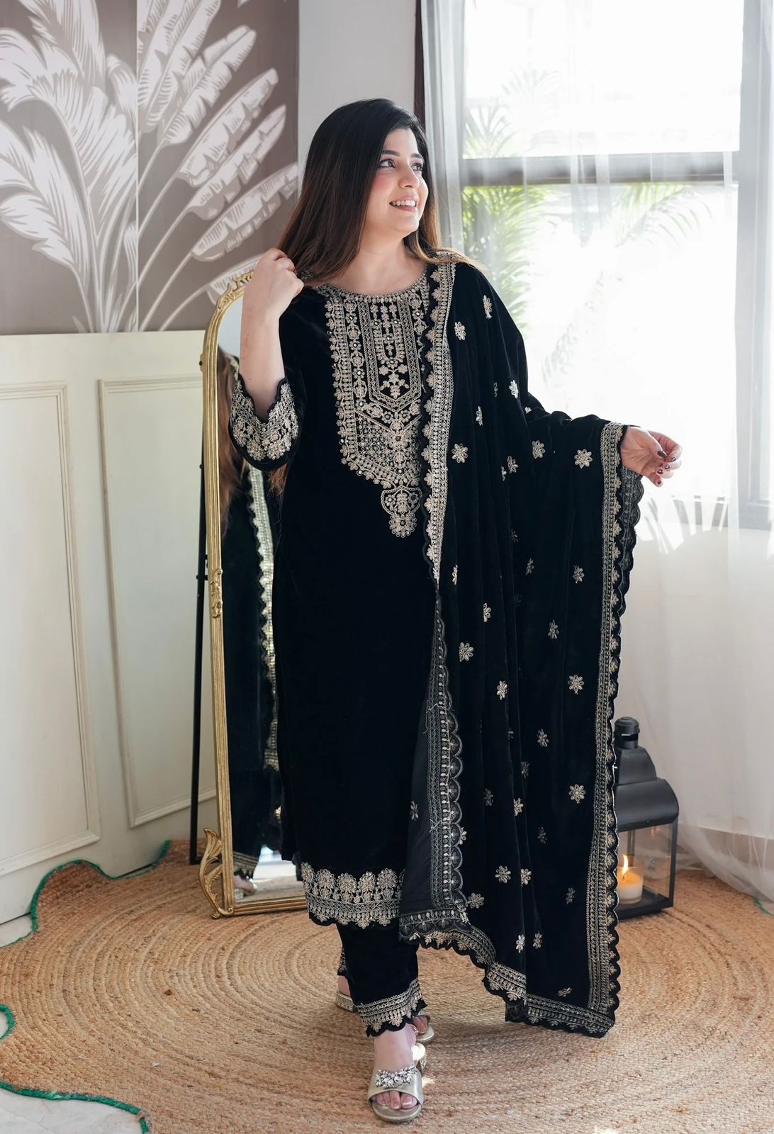 Product Image - Designer Velvet Top-Pant Dupatta Set for Weddings and Festive Wear