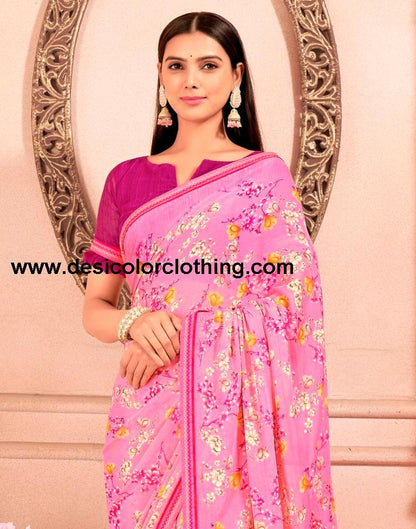 Pink Chiffon Printed Saree
