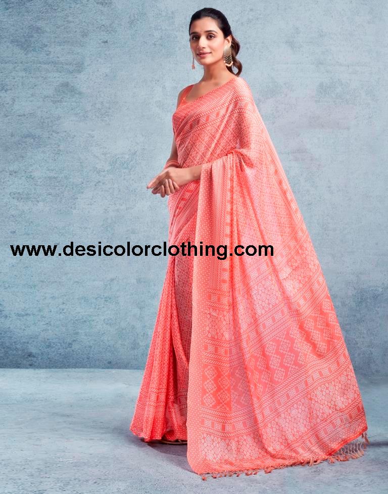 Peach Chiffon Printed  Saree