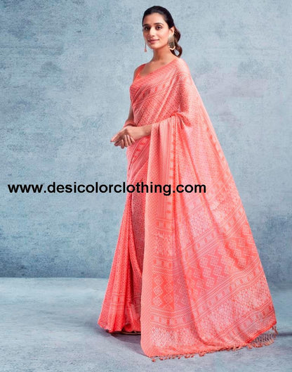 Peach Chiffon Printed  Saree