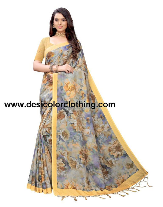 Yellow Printed Silk Saree