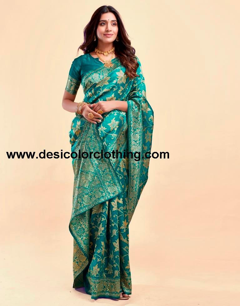 Teal Green Silk Plain Saree