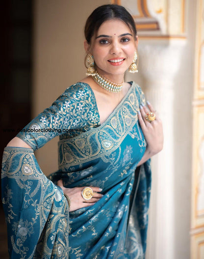 Graceful Blue Art Silk Saree with Plain Weaving Design