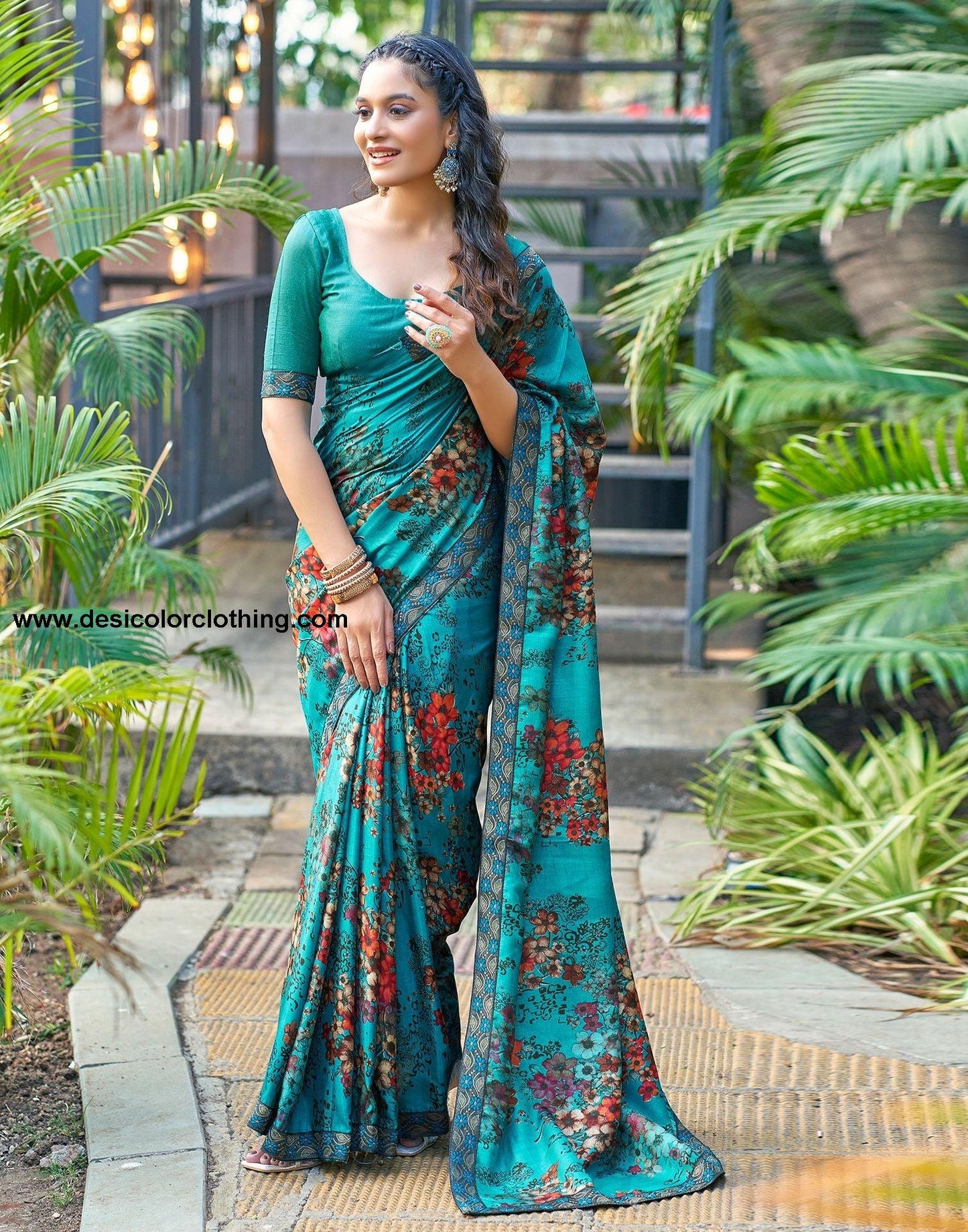 Teal Blue Printed Silk Saree
