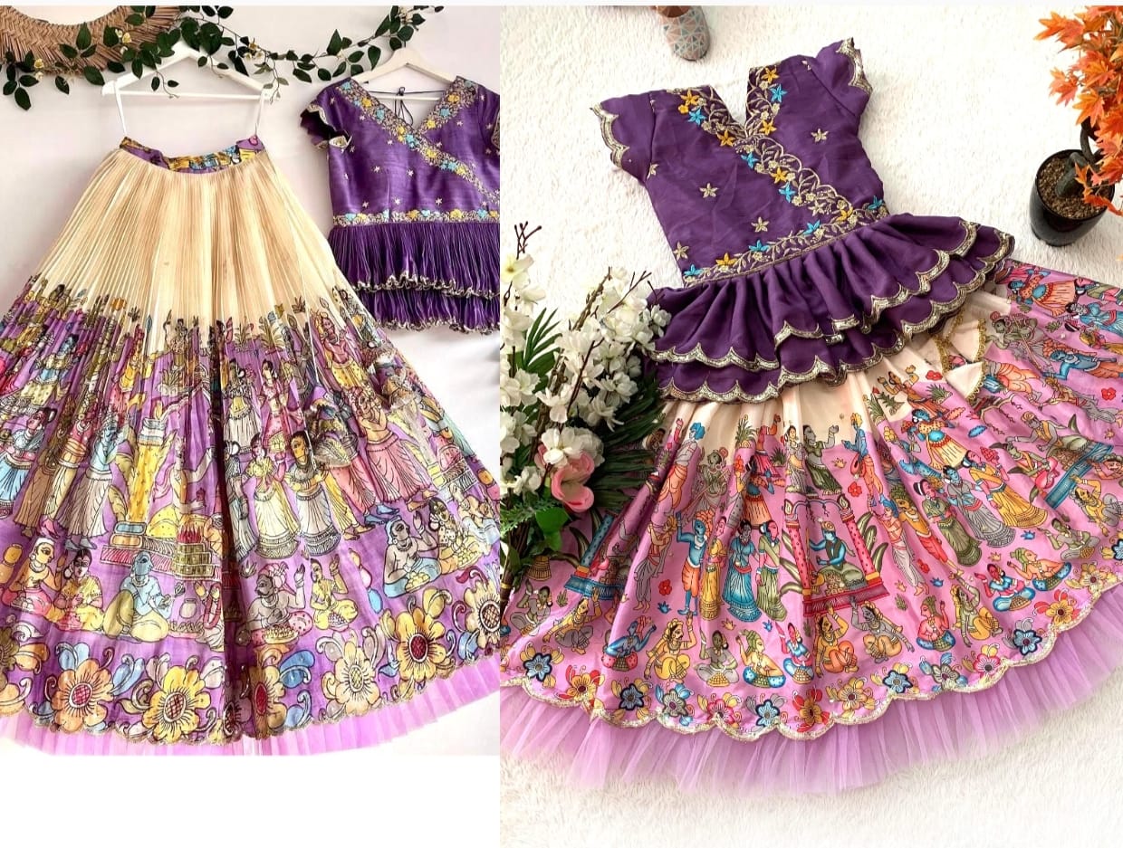 Product Image - Trending Kalam Kari Printed & Embroidered Lehenga Blouse for Kids