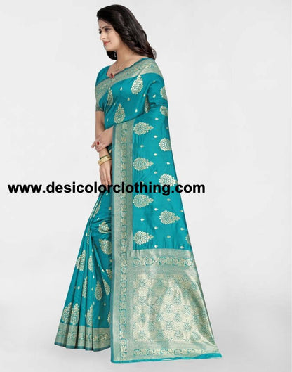 Turquoise Jacquard Banarasi Silk Saree