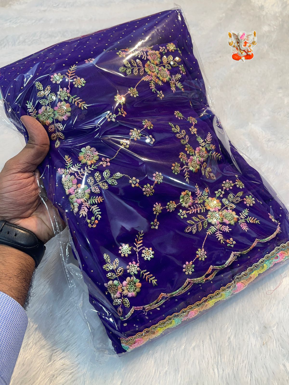 Product Image - Designer Georgette Saree with Multi Embroidery & Rainbow Lace