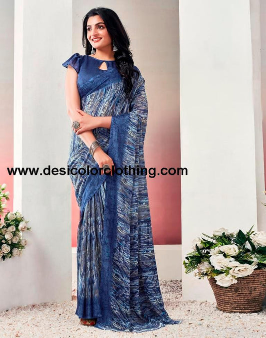 Blue. Multi Chiffon Printed  Saree
