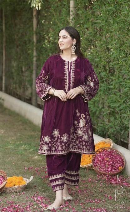 Product Image - Luxurious Velvet Embroidery Work Designer Saree for Festive Wear