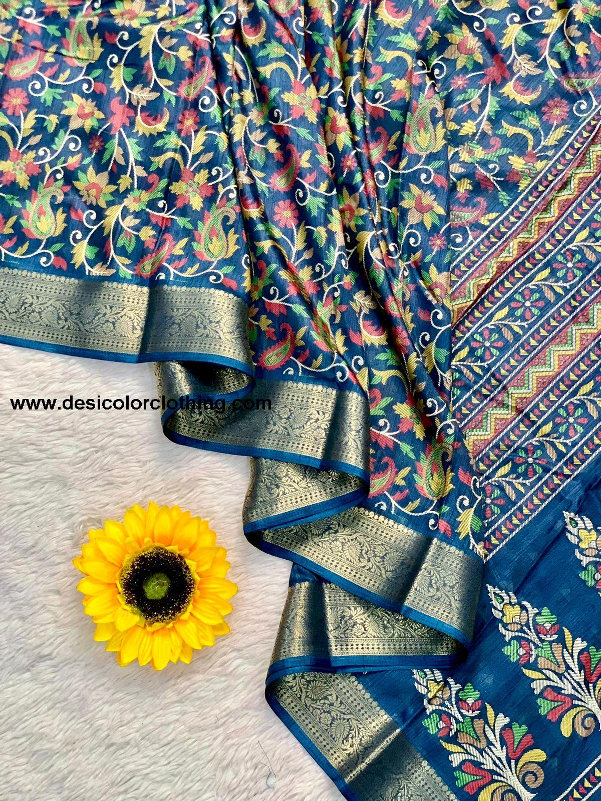 Beautiful Dola Silk Saree with Floral Design and Contrast Weaving