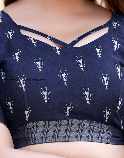 Dark Blue Silk Printed Saree