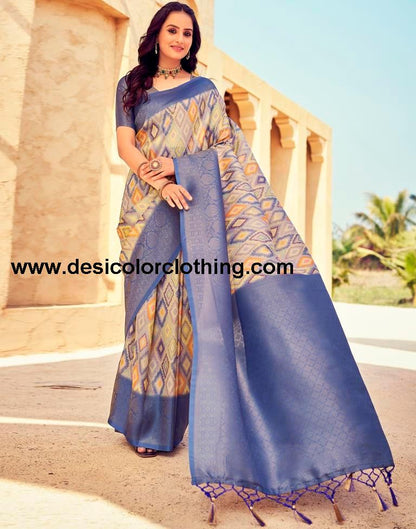Blue Silk Printed Ready To Wear