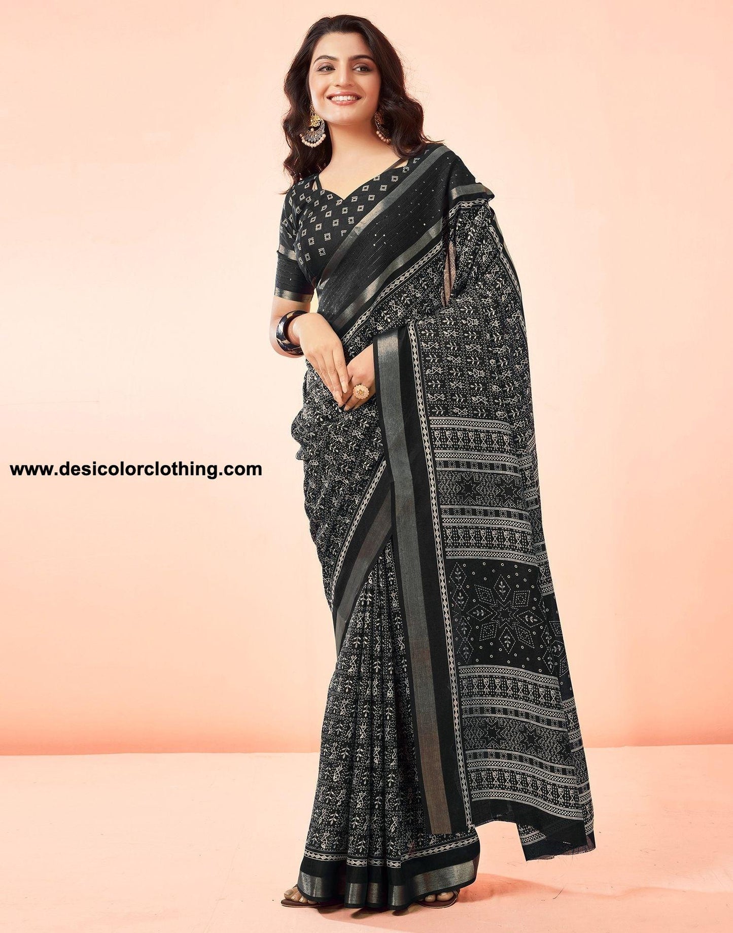Black Printed Cotton Saree