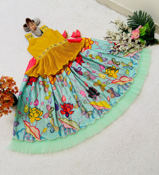 Product Image - Elegant Kalam Kari Kids Lehenga Set - Chinon Silk Embroidered Ethnic Wear