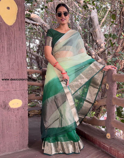 Dark Green Plain Organza Saree