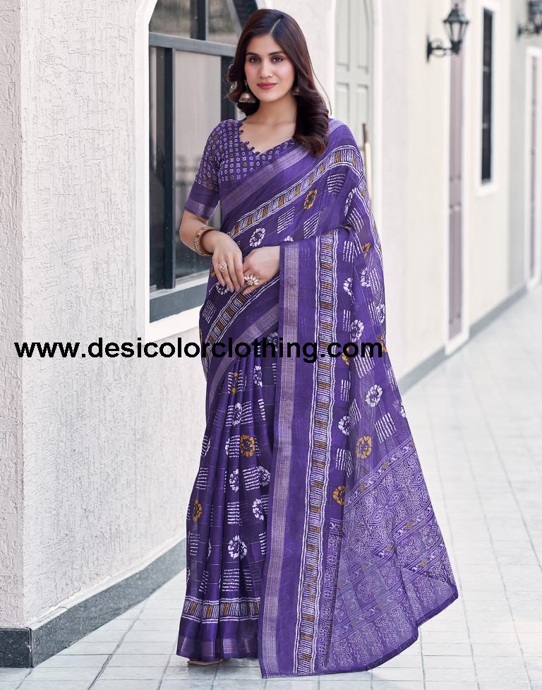 Deep Violet Cotton Printed Saree