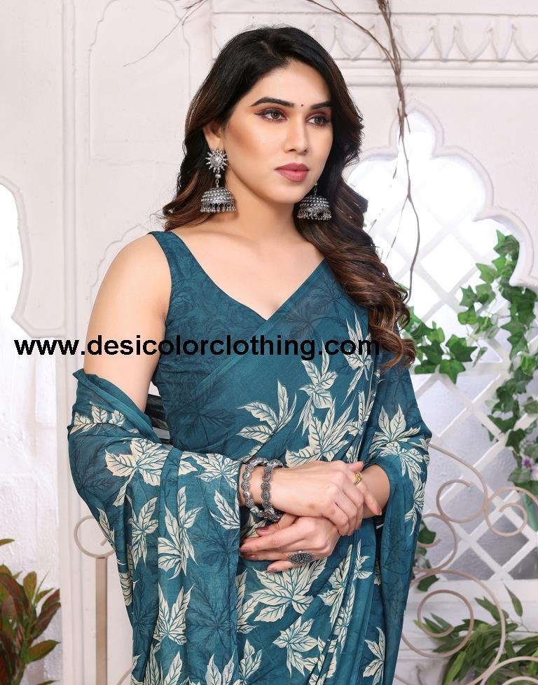 Teal Georgette Floral Printed Saree