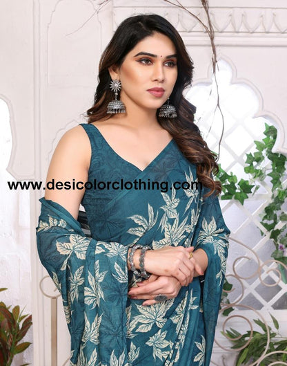 Teal Georgette Floral Printed Saree