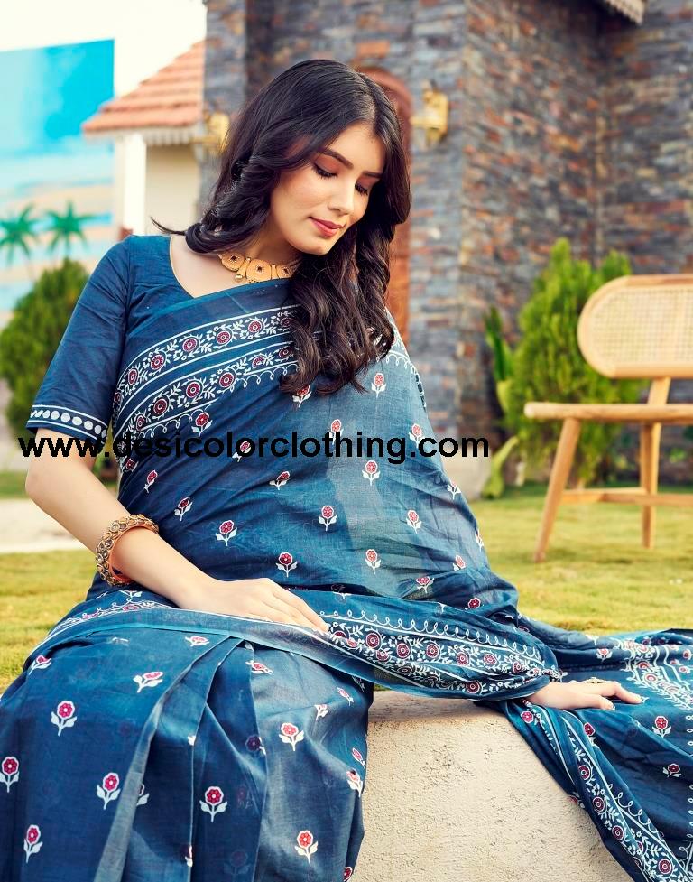 Rama Blue Cotton Printed Ready To Wear