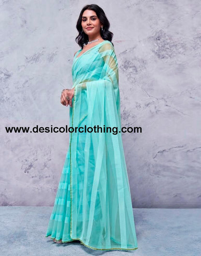 Turquoise Orgenza Plain Saree