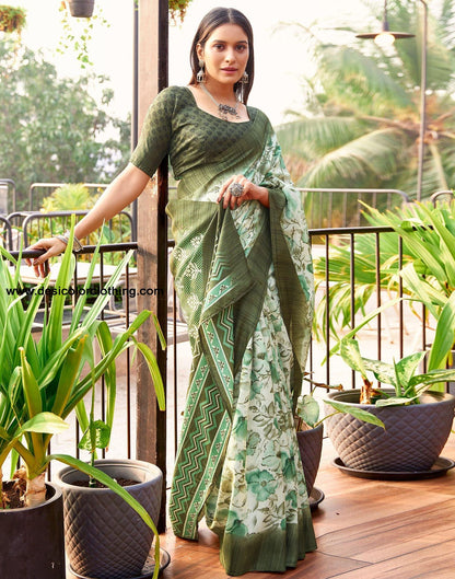 Cream Printed Silk Saree